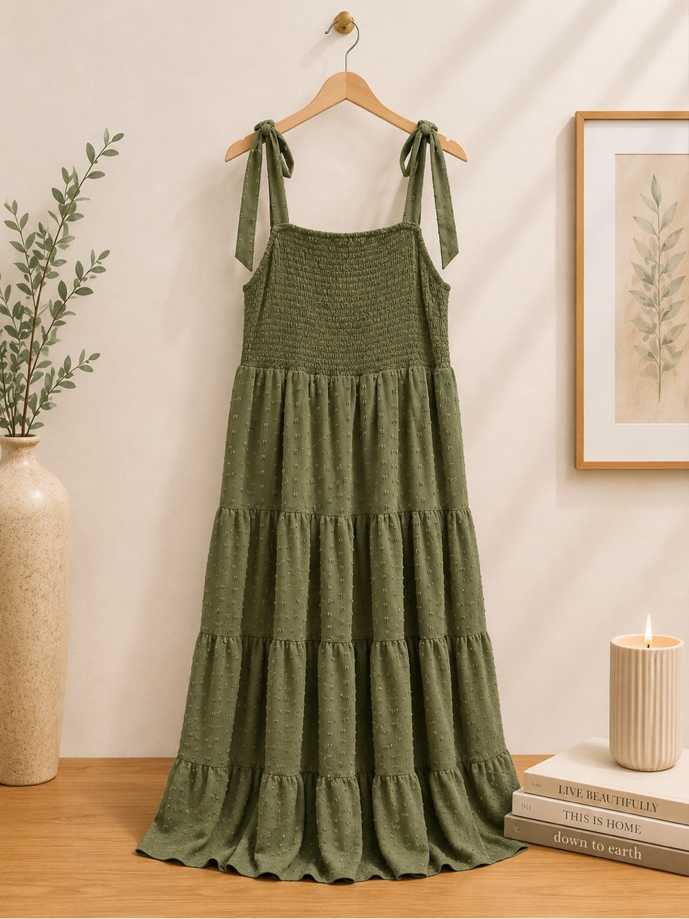 Olive Green Tie-Shoulder Tiered Maxi Dress